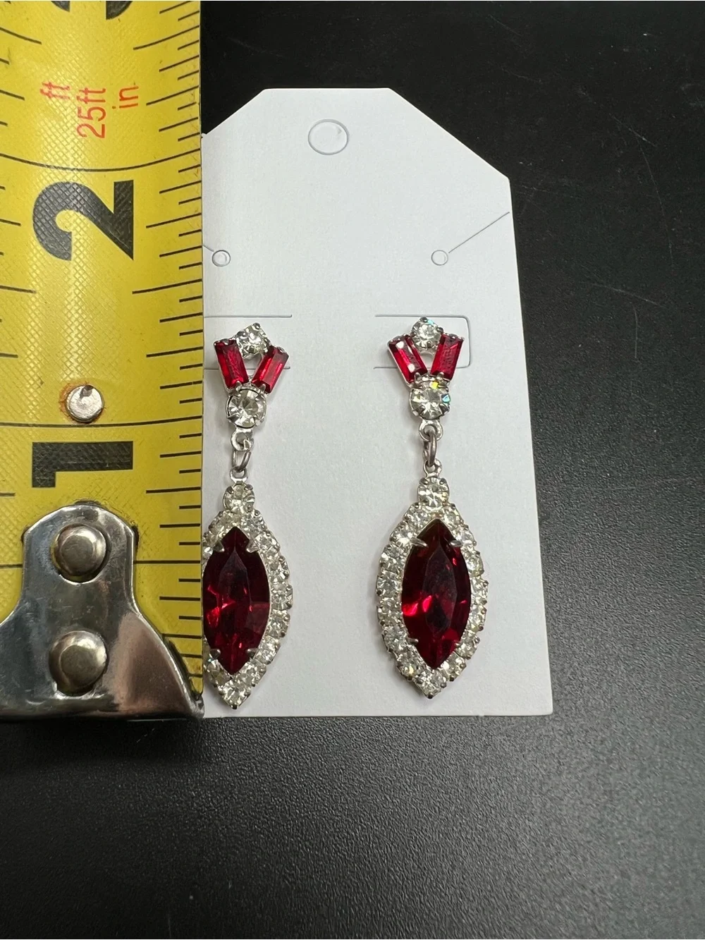 Vtg Red Rhinestone Dangle Earrings Silver Tone Marquise Glass Stones Art Deco